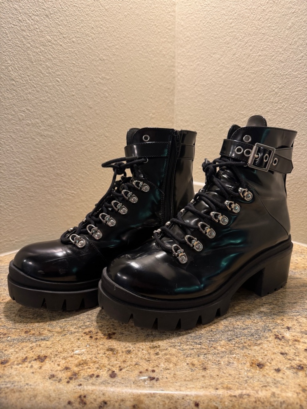 Jeffrey Campbell Black Patent Lug Heel Combat Boots with Buckle